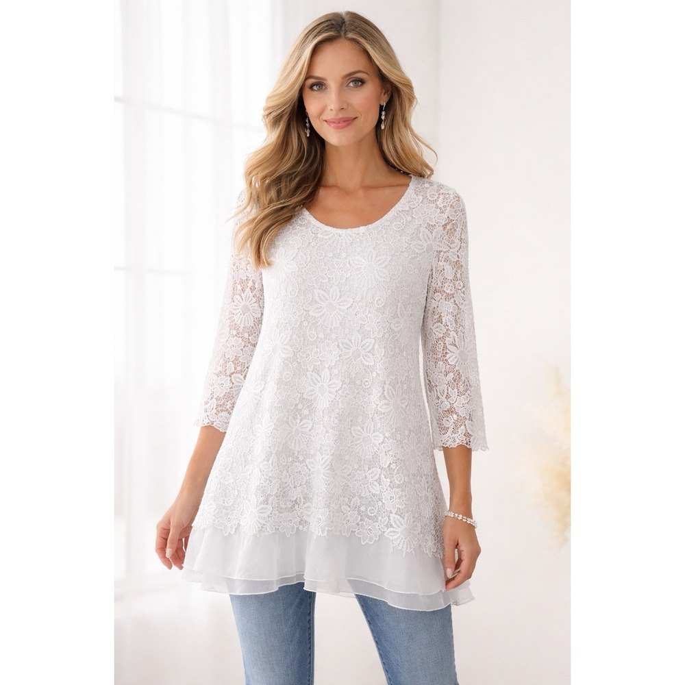 Pretty Angel Embroidered Lace Sheer Tunic Top Womens XL White Boho Whimsy